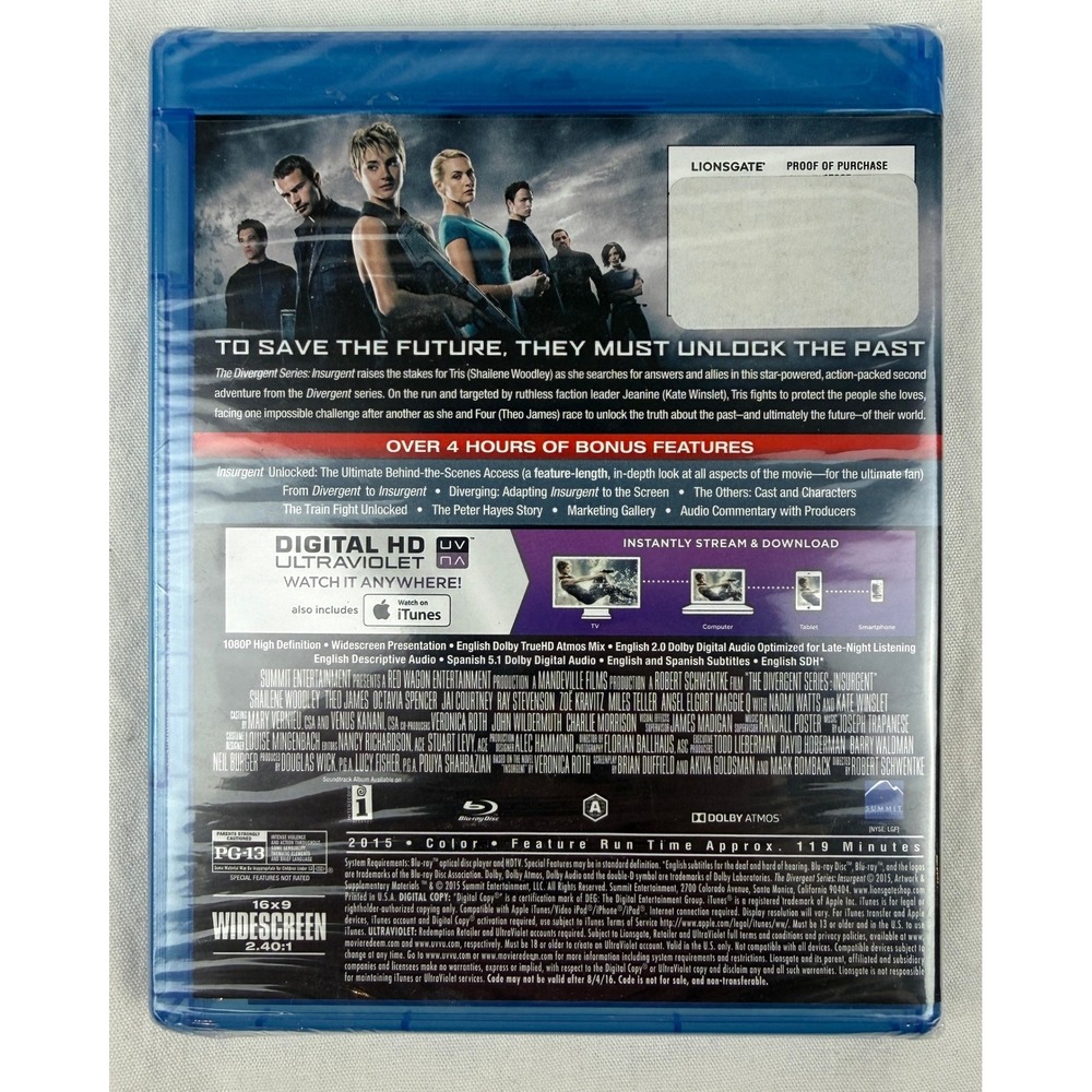 The Divergent Series Insurgent Blu-ray Digital HD Shailene Woodley Theo James - Picture 2 of 2
